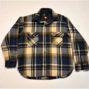 Vintage Richman Brothers Plaid Flannel Shirt Jacket Quilted Lined Navy Yellow L
